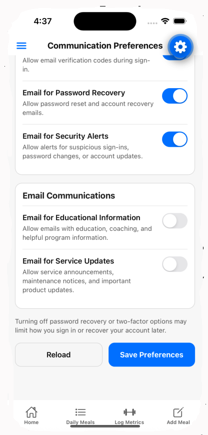 Bottom portion of the PSMF Pro communication preferences screen